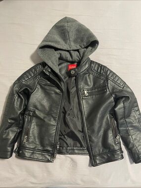 Guess Boys' Black Faux Leather Jacket with Gray Hood